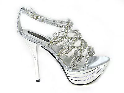 Womens Ladies Diamante High Heel Prom Shoes Wedding Bridal Evening Sandals Size • £9.99