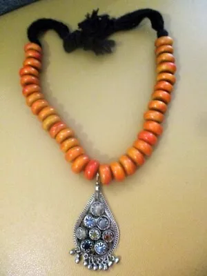 Vintage Moroccan Berber  Copal Amber Beads And Beaded Large Pendant Tribal • $88