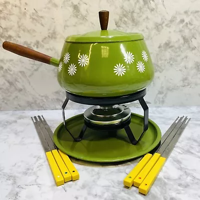 Vtg Enamel MCM Fondue Set Burner 2 Quart Pot Avocado Green & 6 Yellow Skewers • $29.99