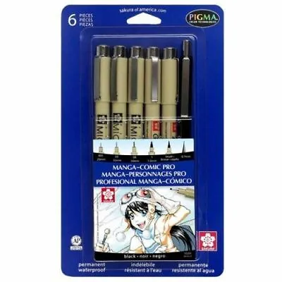 Sakura MANGA-COMIC PRO Pens 6 Pc ALL BLACK #50201 Sizes 005 03 08 1 BRUSH PENCIL • $9.50