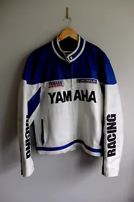 Vintage YAMAHA Racing  Thick Heavy Leather Jacket | Motorcycle XL White Blue • £95