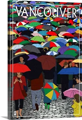 Umbrellas - Vancouver BC: Retro Travel Canvas Wall Art Print  Home Decor • $49.99