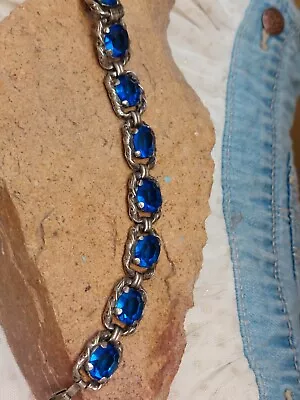 Czech Blue Rhinestone Link Bracelet Open Back Vintage Jewelry • $47.29