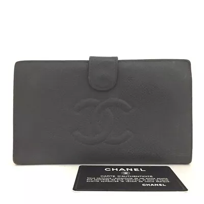 CHANEL CC Logo Black Caviar Skin Long Bifold Wallet/1Y0193 • $41