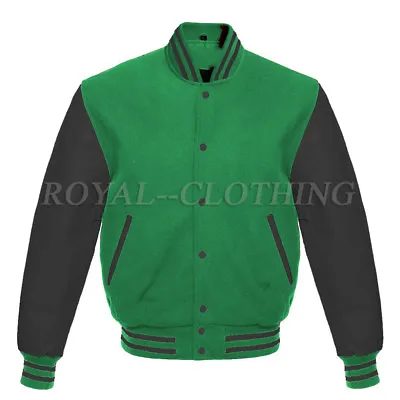 Letterman Varsity Green Wool And Genuine Black Leather Sleeves Jacket XS~7XL • $89.99