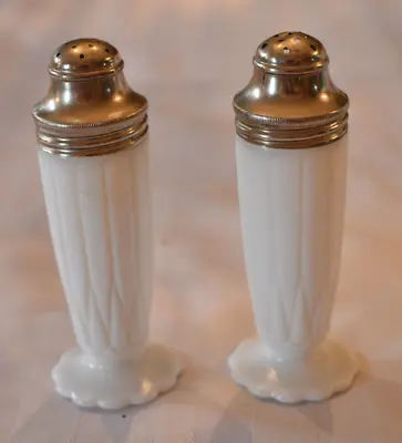 Vintage Art Deco White Milk Glass Petal Base Metal Cap Salt & Pepper Shakers • $12.57