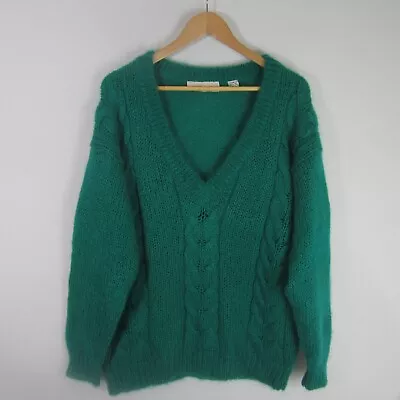 Vtg Rebecca Lynn Womens Medium Teal Blue Green LS Mohair Cable V Neck Sweater • $49.99