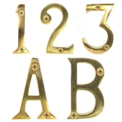 POLISHED SOLID BRASS HOUSE NUMBERS + SCREWS 2 /50mm Front Door Home Classic Sign • £4