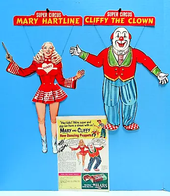 RARE 1950's MARY HARTLINE & CLIFFY THE CLOWN SUPER CIRCUS PUPPETS & SIGNED AD • $94.95