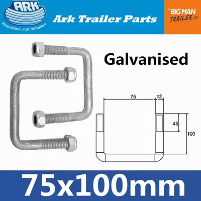 2x ARK Trailer U Bolts Galvanised 75mm Width 100mm Arm Long Square U-bolt SB • $25.50