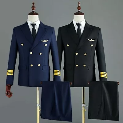 Mens Airline Captain Suit Jacket Pants Pilot Blazer Aviator Costume Uniform Cool • $72.96