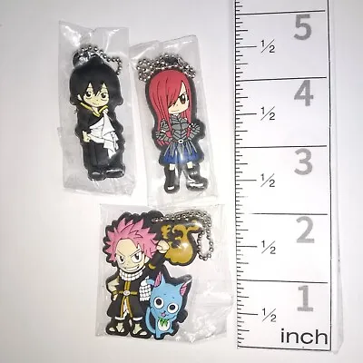 A75263 Fairy Tail Rubber Charm Keychain Natsu & Happy +Zeref + Erza • £19.27