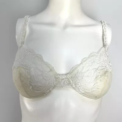 La Perla Cream Sheer Lace Underwire Bra Size 2 34/M Center PERLA Spellout • $49.99