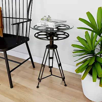 Industrial Accent Table Round Metal Tripod Glass Top Film Reel Home Theater 25 H • $134.95