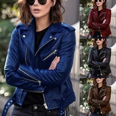 UK Women's Biker Jacket Slim Ladies Faux PU Leather Zip Formal Coat Plus Size • £20.99