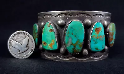 Vintage Navajo Row Bracelet - Sterling Silver And Turquoise - 85g = 3oz. • $459