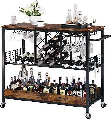 Bar Cart Serving Cart With Wine Rack Glasses Holder Kitchen Cart On Wheels Wood • $177.22