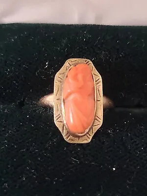 Antique Vintage ? Carved Red Coral ? Cameo 12k Gold Ring Small Size 4.5 ? Etched • $135