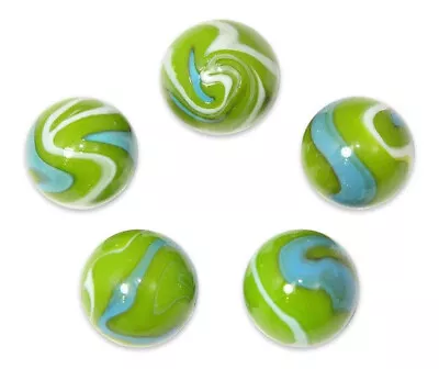 Pk 5 Mermaid 16mm Glass Mega Marble Players Vacor Light Lime Green W Turquoise • $6.95