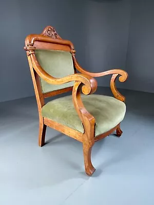 EB5144 Danish Olive Green Cotton Velour Beech Armchair Antique Vintage VCAR • £275