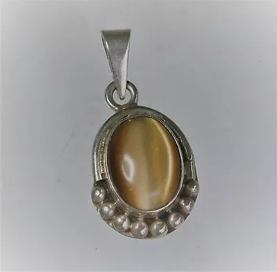 Mexico Artisan 1 3/8  Sterling Silver Tan Cat's Eye Bead Pendant • $19