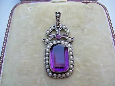 Antique Edwardian Silver Seed Pearl & Amethyst Paste Pendant. • £12.99