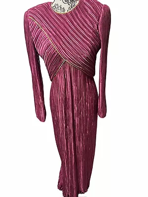 George F Couture Vintage Pleated Maxi Evening Dress Size 12 Plum Purple/Gold • $89.99