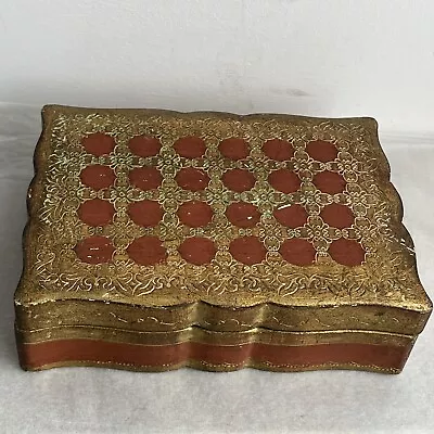 Florentine Wood Trinket Box Gold & Brown Italy 7 X 2 X 5  Scrolled Edges Vintage • $12.06