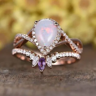 Wedding Vintage Bridal Ring Set 3.00CT Pear Cut Fire Opal 14k Rose Gold Plated • $128.14