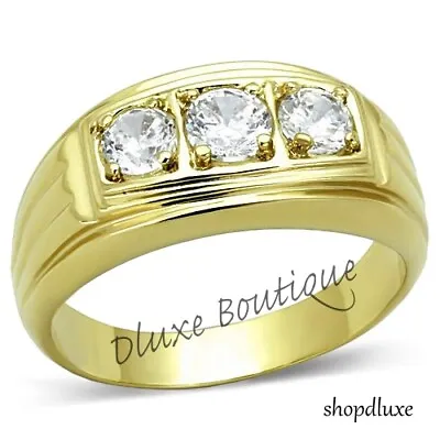 Men's Round Cut Cubic Zirconia 14k Gold Plated Stainless Steel Ring Size 8-14 • $17.99