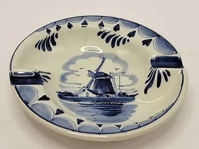 Vintage Delfts Holland A. 1048 Round Ash Tray Hand Painted Windmill 4 1/2  Diam. • $14.50