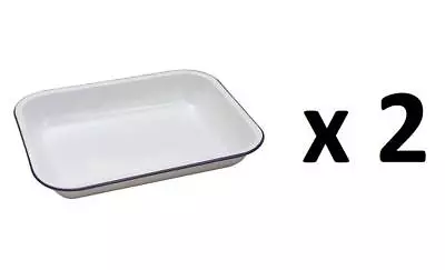 2 X Falcon 20cm Oblong Enamel Pie Dish Non Stick Oven Baking Dish White Blue Rim • £8.99