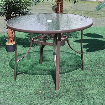 Brown 105cm Garden Glass Table Patio Outdoor Round Dining Table W/ Parasol Hole • £65.99