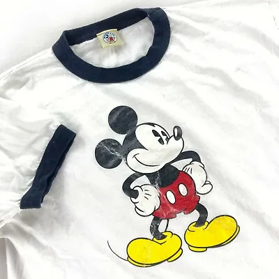 VTG Mickey & Co Ringer T-Shirt White W/ Black Trim Mickey Mouse • SMALL • $25.84