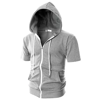 Mens Summer Short Sleeve Sweatshirts Zipper Hooded Hoodie Light Weight T-Shirt • $35.19