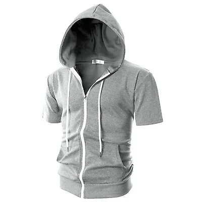 Mens Summer Short Sleeve Zipper Hooded Hoodie Light Weight T-shirt Sweatshirts • $25.20