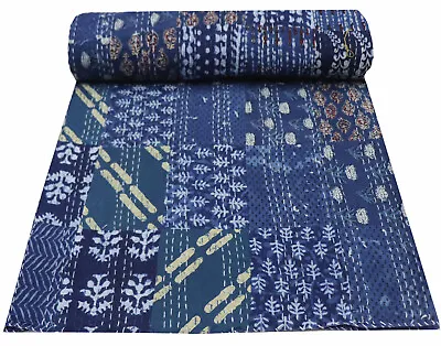 BlueIndigo Patchwork Kantha Bedspread Indian Handmade Quilt Throw Cotton Blanket • £32.50