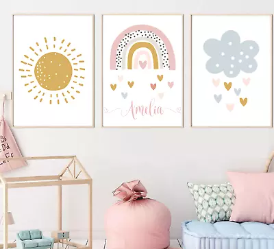 £7.99 • Buy Personalised Rainbow Print Set Of 3 Scandi Baby Girl Nursery Wall Art Girls Room