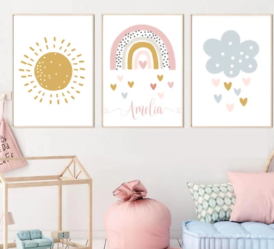 £7.99 • Buy Personalised Rainbow Print Set Of 3 Scandi Baby Girl Nursery Wall Art Girls Room