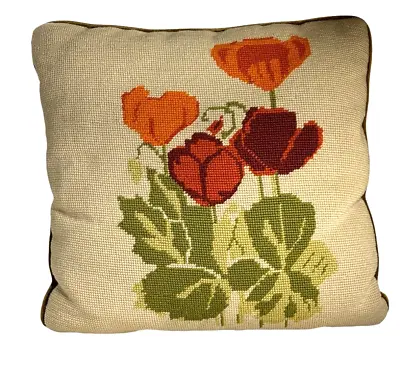 Vintage Needlepoint Pillow Floral Velvet Back Orange Green • $31.95