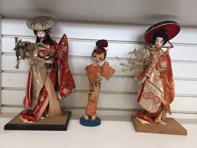 Set Of Three Vintage Japanese Geisha Dolls In Silk Kimonos • $9