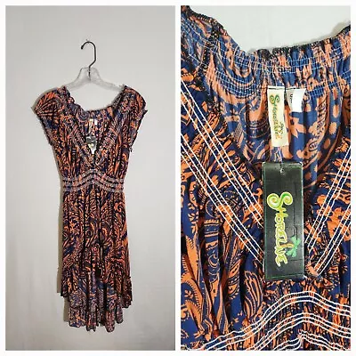 Shoreline Dress NWT Womens One Size Shirred High Low Orange Blue Stretch • $17.05