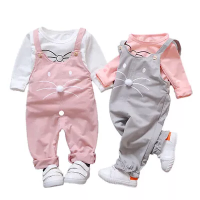 Infant Baby Long Sleeve Top Bib Pants Outfit Boy Girl Cat Jumpsuit T-shirt Sets • £13.16