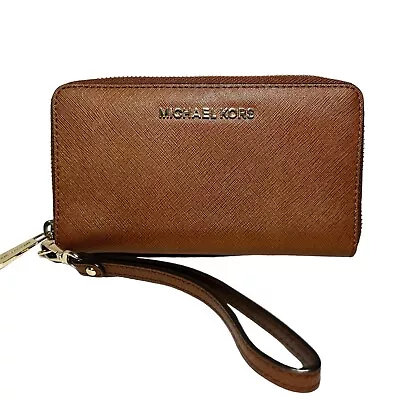 Michael Kors Jet Set Travel Saffiano Leather Continental Wallet Luggage Brown • $19.99