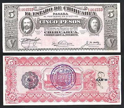 Mexico 5 Pesos 1914 1915 AUNC El Estado De Chihuahua P-s532 See Scan • $10.25