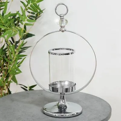 Silver Chrome Metal Glass Ring Candle Holder Hurricane Lamp Wedding Table 42cm • £19.99
