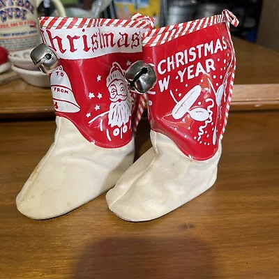 2 Vintage Merry Christmas Vinyl Red Boot Santa Stocking Gift Bags • $24