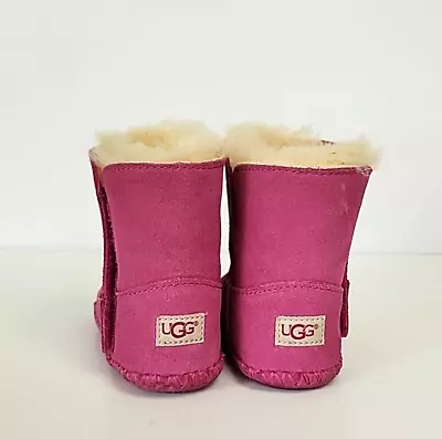 UGG Caden Infant Girls Baby Boots Booties Suede Leather Shearling Pink Sz 4 - 5 • $14.95