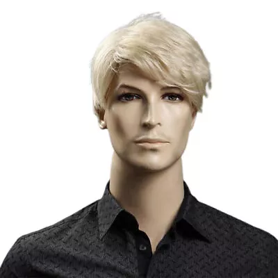 Mens Short Straight Blonde Hair Wig Male Oblique Bangs Wig Natural Wig Stylish- • £20.29