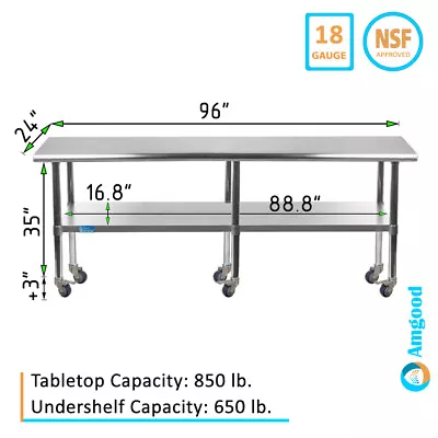 24  X 96  Stainless Steel Table With Wheels | NSF Prep Metal Work Table Casters • $944.95